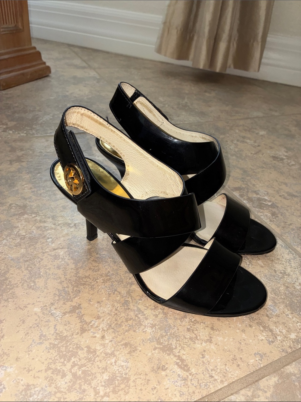 Michael Kors Black Patent Leather Slingback Heels with Gold Medallion